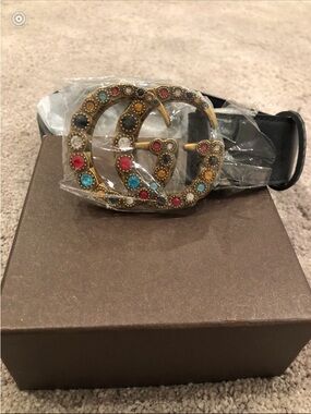 Gucci Black Leather Belt with Jeweled Gold Double-G Buckle